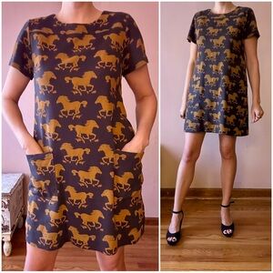 Vivienne Tam Western Horse Pony Print Dress Size M Black and Brown w/ Pockets